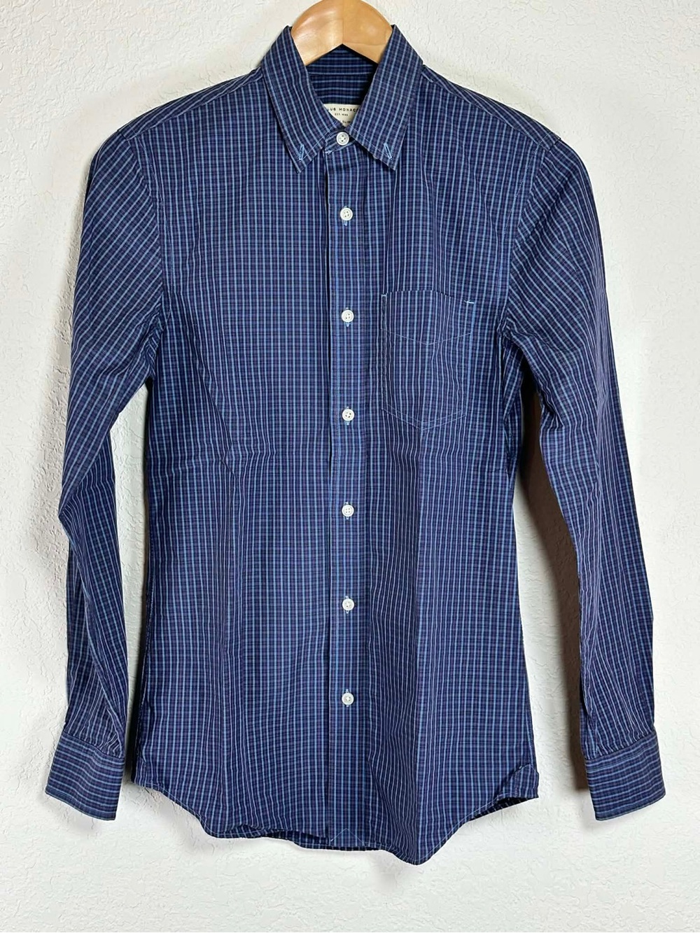 Club Monaco Modern Slim Fit Navy Blue Plaid Button-Up Shirt